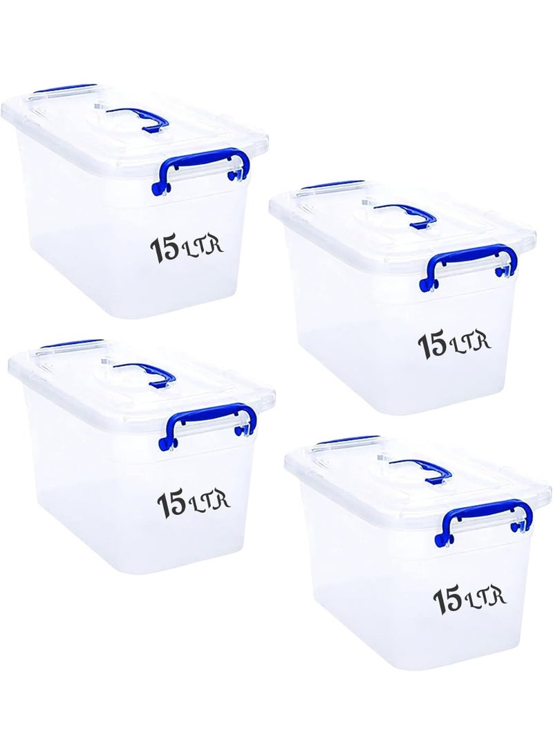 هيواري مجموعة صناديق تخزين بلاستيكية شفافة من 4 قطع من HIWARE سعة 15 لترًا مع أغطية قابلة للقفل | حاويات تنظيم شفافة للملابس والألعاب والأدوات والفنون والحرف اليدوية | حل تخزين قابل للتكديس مع مقابض (4 × 15 لترًا) - Image 1